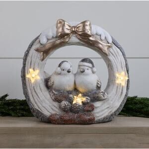 LED Bird Frosted Wreath With Bow Ceramic Christmas Holiday Decor Farmhouse 11"